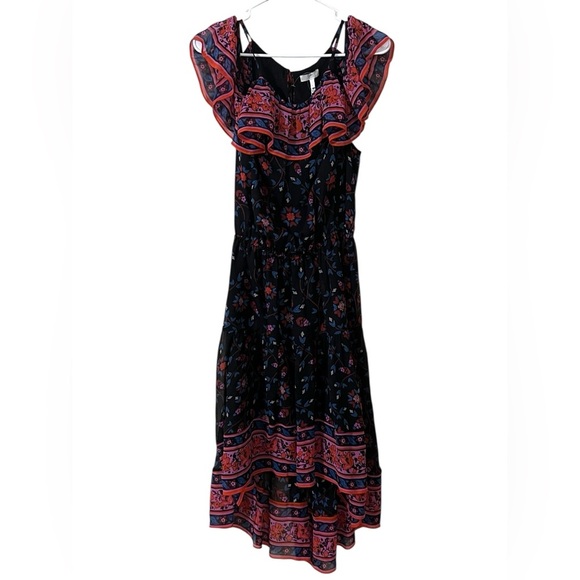 Joie NWT 100% silk high low hem floral ruffle midi dress black pink red blue - Picture 4 of 16